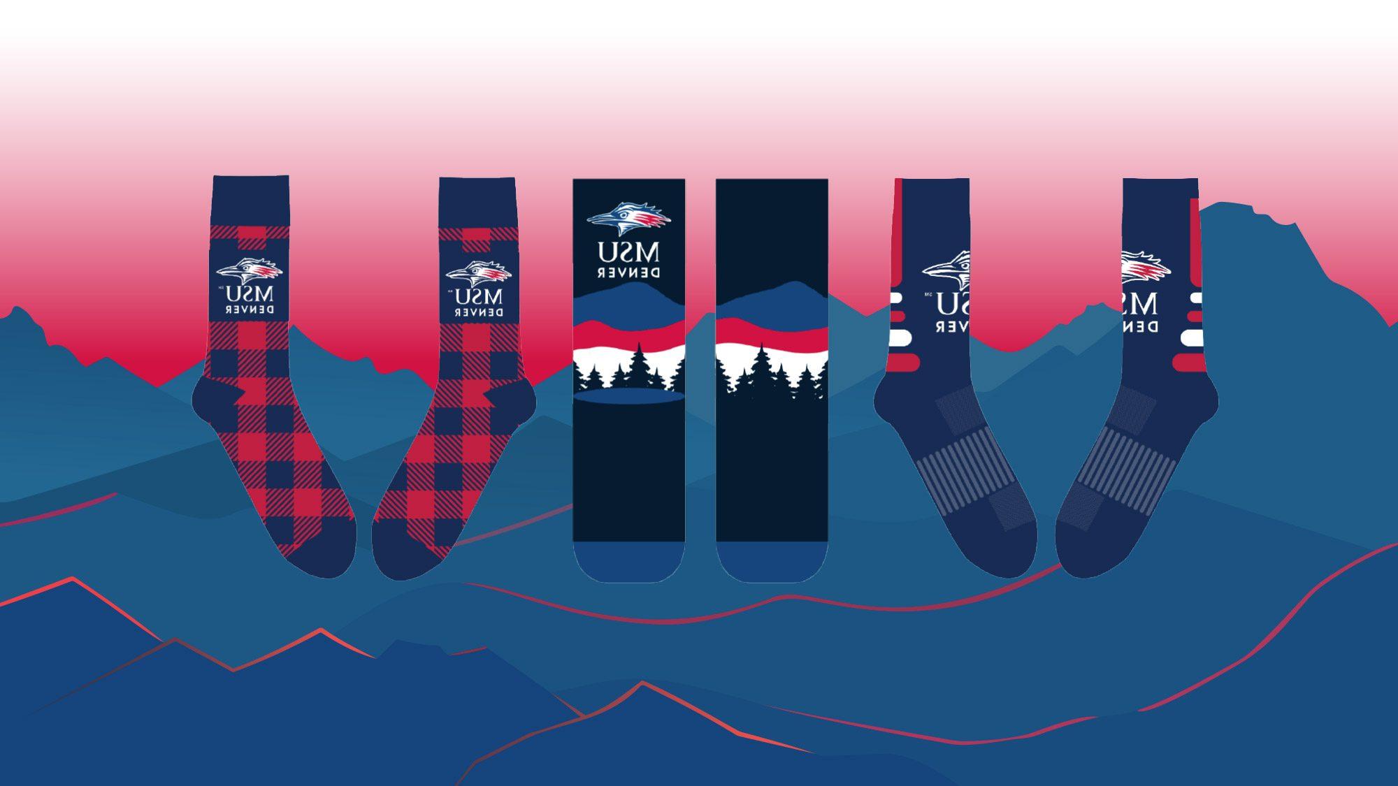 密歇根州立大学丹佛's 2024 Socktober designs. The three designs feature the 密歇根州立大学丹佛 logo and are all red and blue. One version is striped, another is plaid, and the athletic sock features mountains and pine trees.